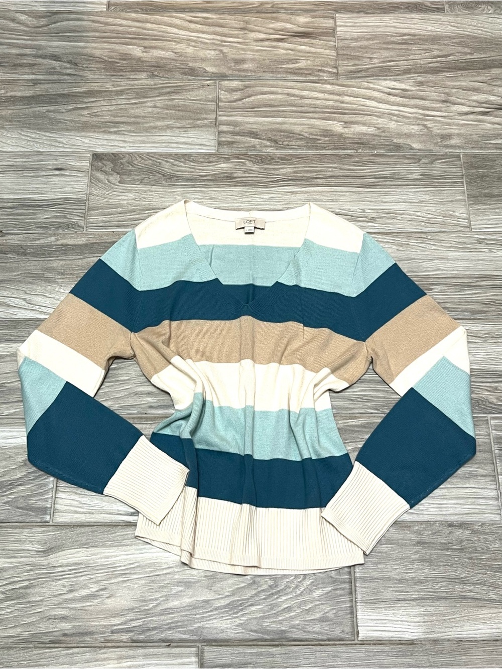 LOFT Striped V-Neck Sweater in Teal, Light Aqua, Cream & Sand